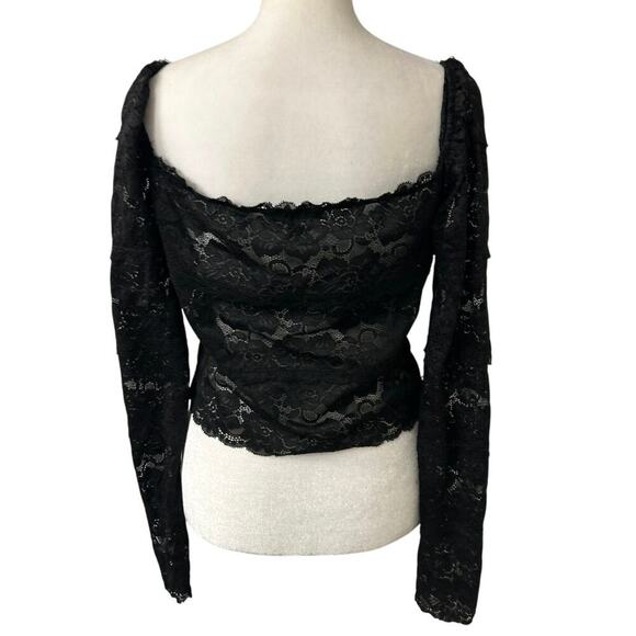 Guess Black Sheer Lace Square Neck Puff Sleeve Crop Top Whimsigoth Coquette M - Picture 5 of 12